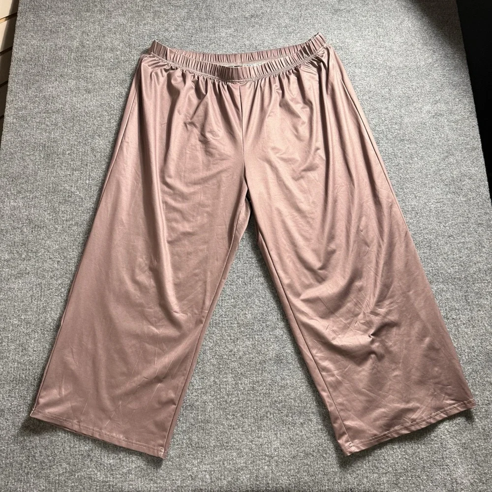 Womens Bronze Satin Wide Leg Pants Elastic Waist Shimmer Lounge Trouser 4X